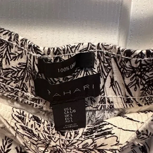 Tahari 100% Linen Wide Leg Black and White Floral Pants (Elastic Waist) Size Lar